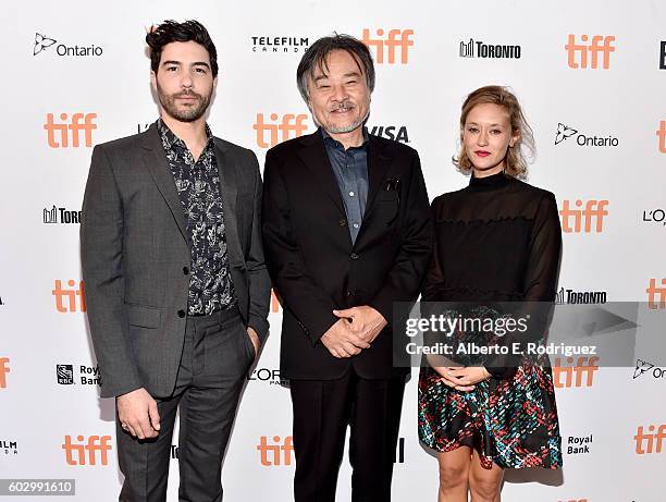 Actor Tahar Rahim, filmmaker Kiyoshi Kurosawa and actress Constance Rousseau attend the "Daguerrotype" premiere during the 2016 Toronto International...