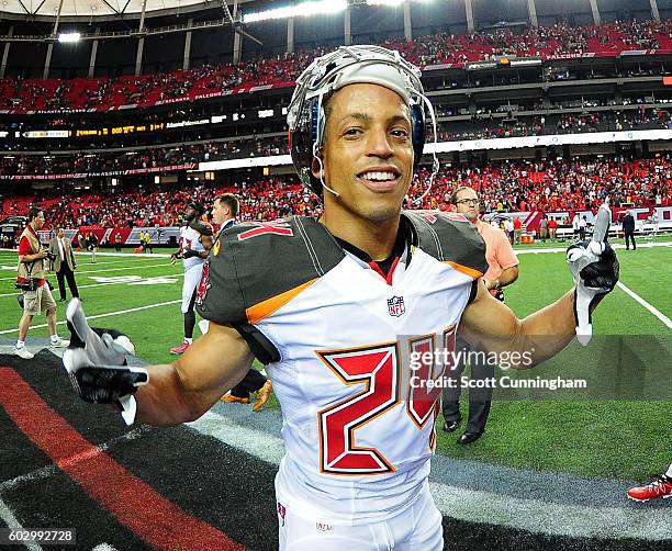 Brent Grimes of the Tampa Bay Buccaneers celebrates after the game against the Atlanta Falcons at the Georgia Dome on September 11, 2016 in Atlanta,...