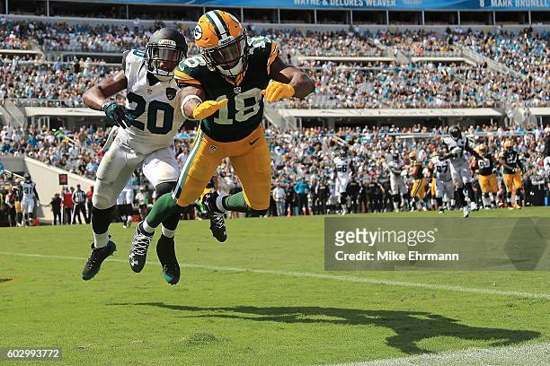 Randall Cobb of the Green Bay Packers misses a catch defended by Jalen Ramsey of the Jacksonville Jaguars during a game at EverBank Field on...