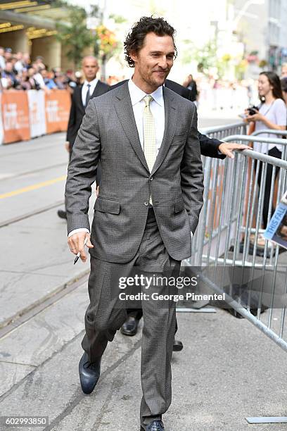 Actor Matthew McConaughey attends the "Sing" premiere during the 2016 Toronto International Film Festival at Princess of Wales Theatre on September...