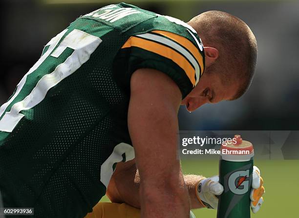 Jordy Nelson of the Green Bay Packers looks on during a game against the Jacksonville Jaguars at EverBank Field on September 11, 2016 in...