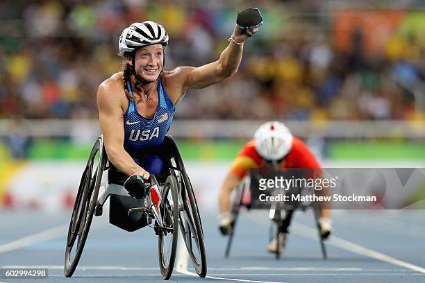 Tatyana McFadden of the United States wins the women's 400 meter T54 final at Olympic Stadium during day 4 of the Rio 2016 Paralympic Games on...