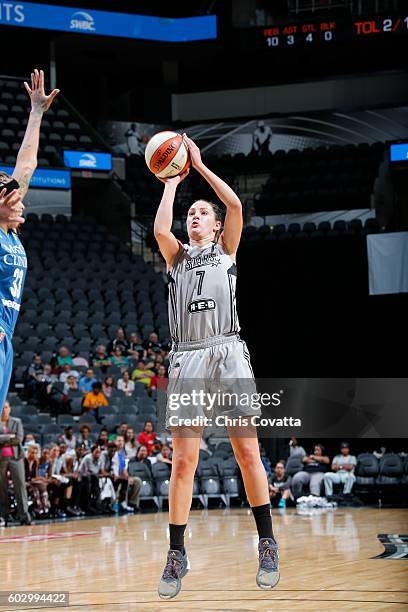 Haley Peters of the San Antonio Stars shoots the ball against the Minnesota Lynx on September 11, 2016 at AT&T Center in San Antonio, Texas. NOTE TO...