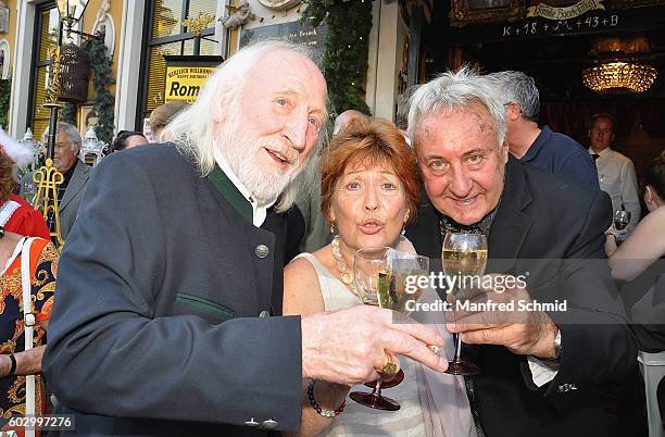 Karl Merkatz, Dany Sigel and Guenther Frank pose during Guenther Franks 80th birthday Party in Deutsch Wagram at Marchfelderhof on September 11, 2016...