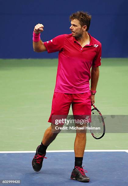 Stan Wawrinka of Switzerland reacts against Novak Djokovic of Serbia during their Men's Singles Final Match on Day Fourteen of the 2016 US Open at...