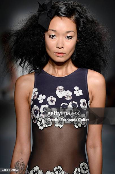 Model walks the runway at the Carmen Marc Valvo Spring/Summer 2017 Fashion Show during New York Fashion Week at Pier 59 Studios on September 11, 2016...