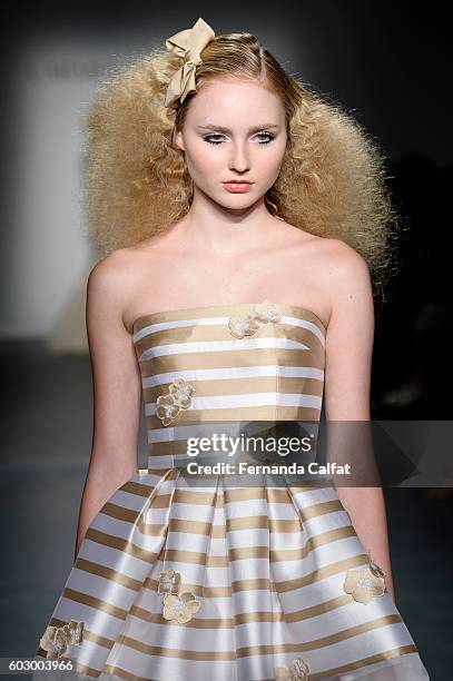 Model walks the runway at the Carmen Marc Valvo Spring/Summer 2017 Fashion Show during New York Fashion Week at Pier 59 Studios on September 11, 2016...