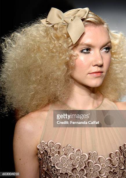Model walks the runway at the Carmen Marc Valvo Spring/Summer 2017 Fashion Show during New York Fashion Week at Pier 59 Studios on September 11, 2016...