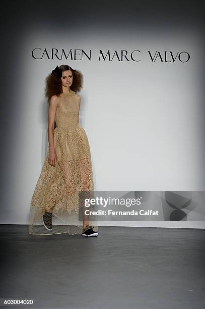 Model walks the runway at the Carmen Marc Valvo Spring/Summer 2017 Fashion Show during New York Fashion Week at Pier 59 Studios on September 11, 2016...