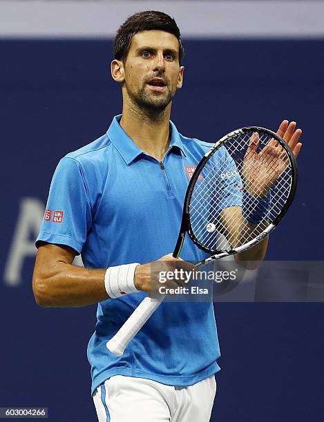 Novak Djokovic of Serbia reacts against Stan Wawrinka of Switzerland during their Men's Singles Final Match on Day Fourteen of the 2016 US Open at...