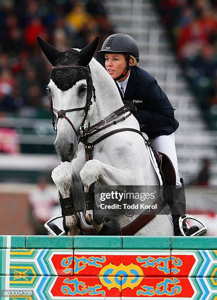 Meredith Michaels Beerbaum of Germany rides Fibonacci 17 during the Spruce Meadows CP International Grand Prix on September 11, 2016 in Calgary,...