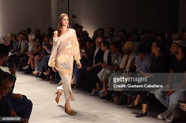 Model walks the runway during the Prabal Gurung fashion show during New York Fashion Week September 2016 at Spring Studios on September 11, 2016 in...