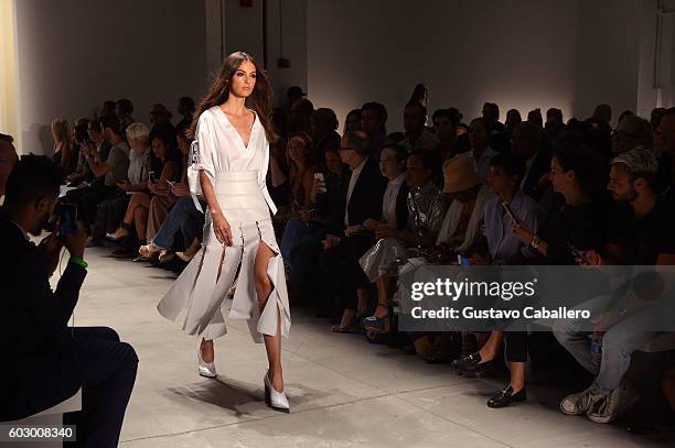 Model walks the runway during the Prabal Gurung fashion show during New York Fashion Week September 2016 at Spring Studios on September 11, 2016 in...