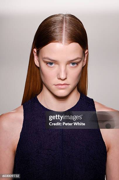 Model, beauty runway detail, walks the runway at the Victoria Beckham Women's Fashion Show during New York Fashion Week on September 11, 2016 in New...