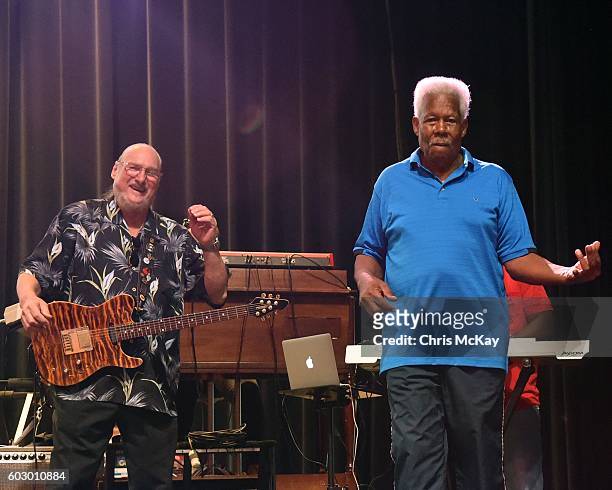 Steve Cropper and Eddie Floyd rehearse "Knock On Wood" for the Otis Redding 75th Birthday Celebration Concert at Macon City Auditorium on September...