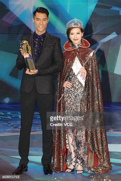 First place Jackson Lai and Crystal Fung pose after the Mr. And Miss Hong Kong Pageants 2016 at TVB City on September 11, 2016 in Hong Kong, China.