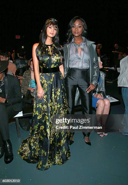 Miss Universe, Pia Wurtzbach and Miss USA, Deshauna Barber attend the Carmen Marc Valvo fashion show during New York Fashion Week September 2016 at...