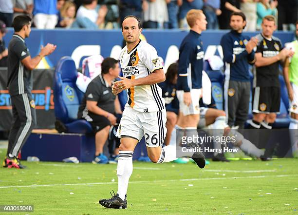 Landon Donovan of the Los Angeles Galaxy enters the game against Orlando City FC returning from retirement at StubHub Center on September 11, 2016 in...