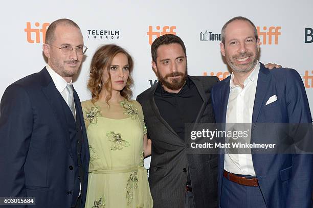 Producer Darren Aronofsky, actress Natalie Portman, director Pablo Larrain and writer Noah Oppenheim attend the "Jackie" premiere during the 2016...