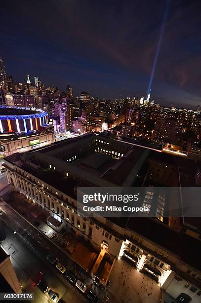 View of the "Tribute in Light" for the 15th anniversary of 9/11 during New York Fashion Week: The Shows at Skylight at Moynihan Station on September...