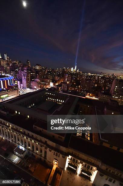 View of the "Tribute in Light" for the 15th anniversary of 9/11 during New York Fashion Week: The Shows at Skylight at Moynihan Station on September...