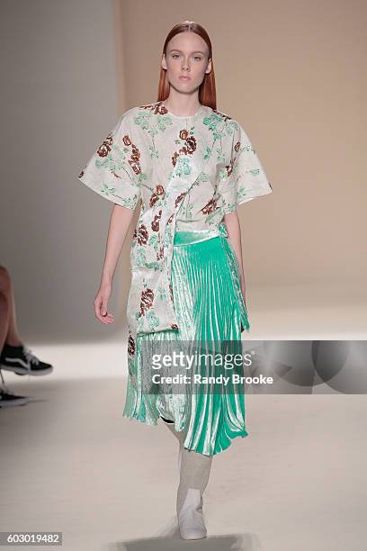 Model walks the runway during the Victoria Beckham September 2016 New York Fashion Week Spring 2017 season at The Cunard Building on September 11,...