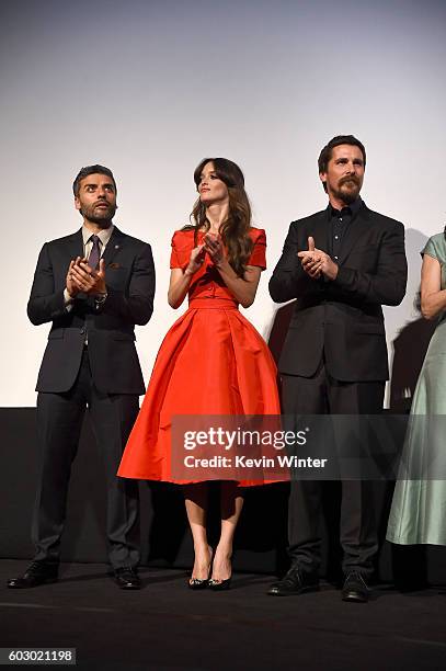 Actors Oscar Isaac, Charlotte Le Bon and Christian Bale attend the "The Promise" premiere during the 2016 Toronto International Film Festival at Roy...