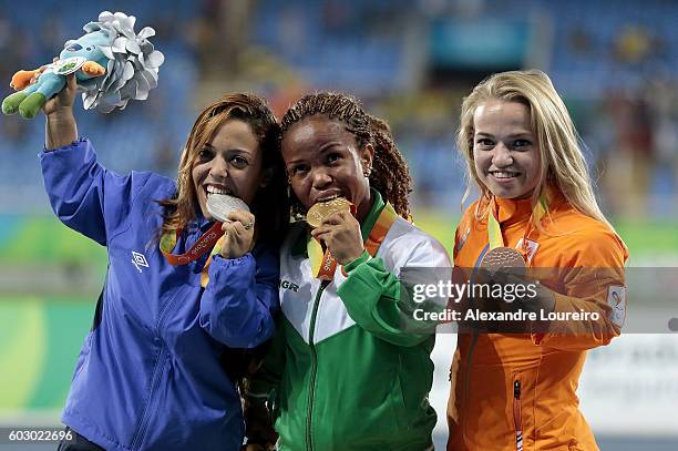 Silver medalist Rima Abdelli of Tunisia , gold medalist Lauritta Onye of Nigeria and bronze medalist Lara Baars of Netherlands celebrate on the...