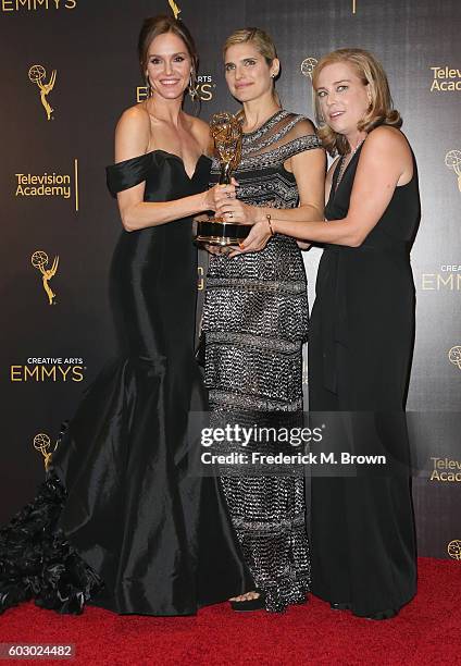 Actors Erinn Hayes, Lake Bell and Zandy Hartig, winners of Outstanding Short Form Comedy or Drama Series in Children's Hospital, poses in the press...