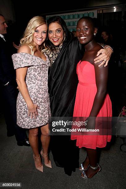 Actress Reese Witherspoon, Director Mira Nair and actress Madina Nalwanga attend the Vanity Fair and Tiffany & Co. Private dinner toasting Lupita...