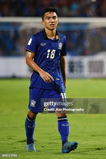 Chanathip Songkrasin of Thailand is seen during the 2018 FIFA World Cup Qualifier between Thailand and Japan at the Rajamangala National Stadium on...