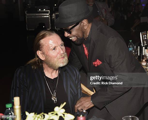 Gregg Allman and William Bell chat during Otis Redding 75th Birthday Celebration at the Macon City Auditorium on September 11, 2016 in Macon, Georgia.