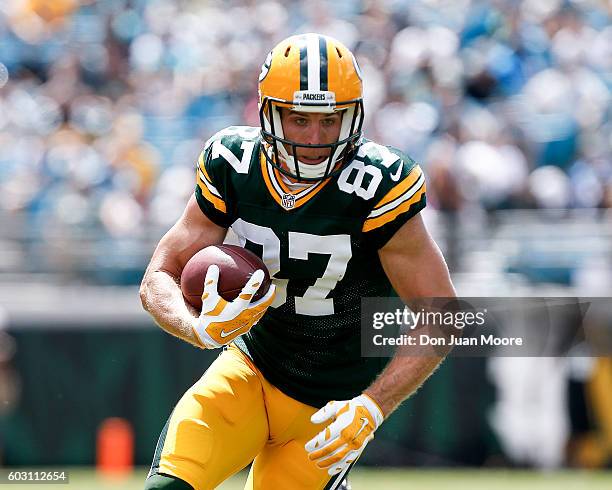 Wide Receiver Jordy Nelson of the Green Bay Packers makes a run after a pass play during the game against the Jacksonville Jaguars at EverBank Field...