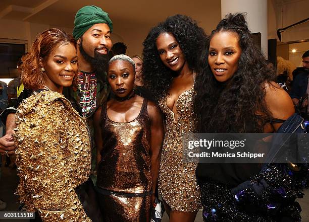 Teyana Taylor, Ty Hunter, Cynthia Erivo, Vicky Jeudy and June Ambrose pose for a photo backstage at The Blonds fashion show during MADE Fashion Week...