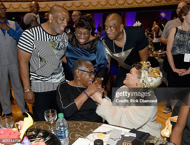 Top row: Dexter Redding, Mrs. Karla Redding-Andrews, Otis Redding III. Bottom row: Mrs. Zelma Redding and Andra Day attend Otis Redding 75th Birthday...