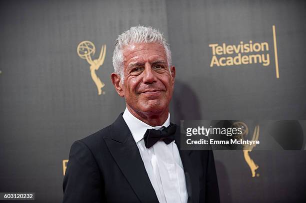Chef/TV personality Anthony Bourdain attends the Creative Arts Emmy Awards at Microsoft Theater on September 10, 2016 in Los Angeles, California.
