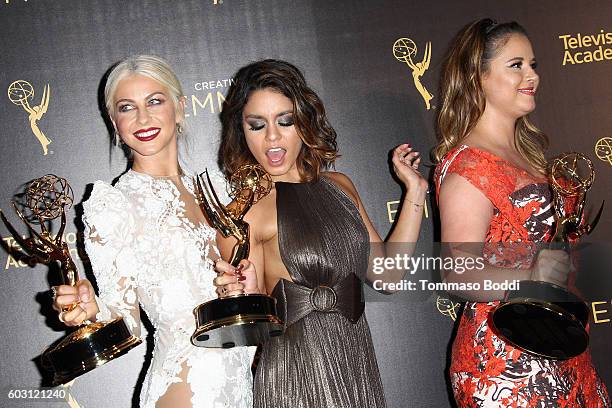 Julianne Hough, Vanessa Hudgens and Kether Donohue pose in the press room at the 2016 Creative Arts Emmy Awards held at Microsoft Theater on...