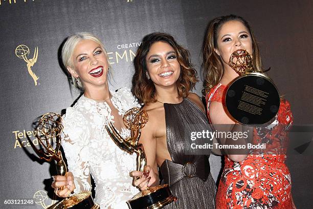 Julianne Hough, Vanessa Hudgens and Kether Donohue pose in the press room at the 2016 Creative Arts Emmy Awards held at Microsoft Theater on...