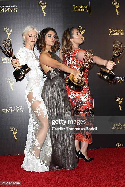 Julianne Hough, Vanessa Hudgens and Kether Donohue pose in the press room at the 2016 Creative Arts Emmy Awards held at Microsoft Theater on...