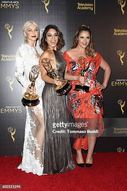 Julianne Hough, Vanessa Hudgens and Kether Donohue pose in the press room at the 2016 Creative Arts Emmy Awards held at Microsoft Theater on...