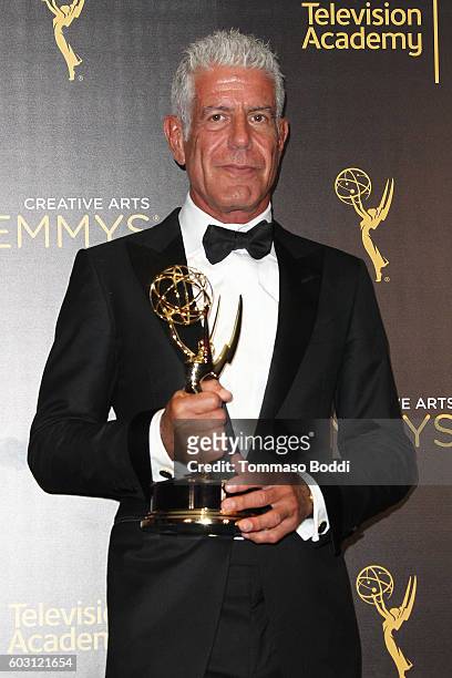 Anthony Bourdain poses in the press room at the 2016 Creative Arts Emmy Awards held at Microsoft Theater on September 11, 2016 in Los Angeles,...