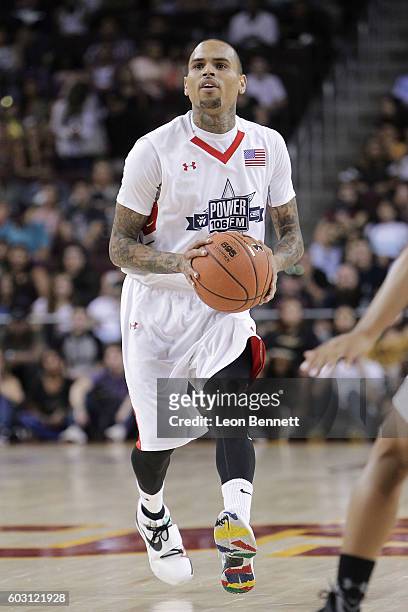 Music artist Chris Brown attends 2016 Power 106 All Star Celebrity Basketball Game at USC Galen Center on September 11, 2016 in Los Angeles,...