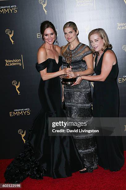 Actors Erinn Hayes, Lake Bell and Zandy Hartig, winners of Outstanding Short Form Comedy or Drama Series in Children's Hospital, poses in the 2016...