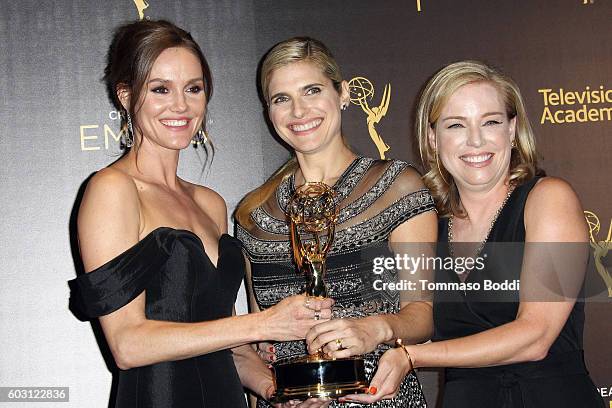 Erinn Hayes, Lake Bell and Zandy Hartig pose in the press room at the 2016 Creative Arts Emmy Awards held at Microsoft Theater on September 11, 2016...