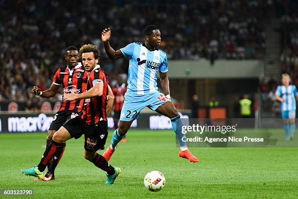 Wylan Cyprien, Paul Baysse of Nice and Aaron Leya Iseka of OM during the french Ligue 1 match between Ogc Nice and Olympique de Marseille at Allianz...