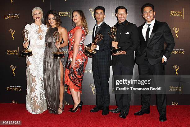 Kether Donohue, Vanessa Hudgens, Julianne Hough, Jordan Fisher, David Del Rio and Carlos Pena Jr. Pose in the press room at the 2016 Creative Arts...