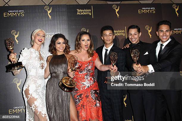 Kether Donohue, Vanessa Hudgens, Julianne Hough, Jordan Fisher, David Del Rio and Carlos Pena Jr. Pose in the press room at the 2016 Creative Arts...