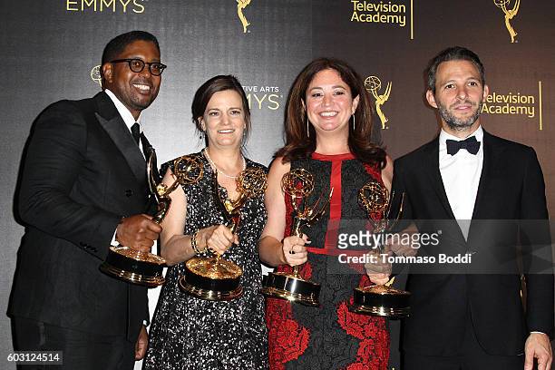 Producers of What Happened, Miss Simone?, pose in the press room at the 2016 Creative Arts Emmy Awards held at Microsoft Theater on September 11,...