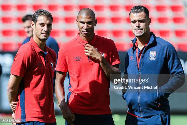 Nicolas Seube, Jordan Adeotti and Damien Da Silva of Caen during the french Ligue 1 match between Stade Rennais and SM Caen at Stade de la Route de...