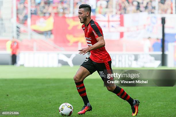 Rami Bensebaini of Rennes during the french Ligue 1 match between Stade Rennais and SM Caen at Stade de la Route de Lorient on September 11, 2016 in...